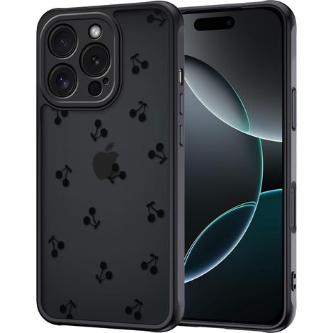Coque pour iPhone 16 Pro, Aesthetic Cerise Motif Étui Translucide Mat Silicone TPU + PC Anti-Jaune Antichoc Housse Protection de la Caméra Bumper Case pour Filles Femme, Noir (1/5)