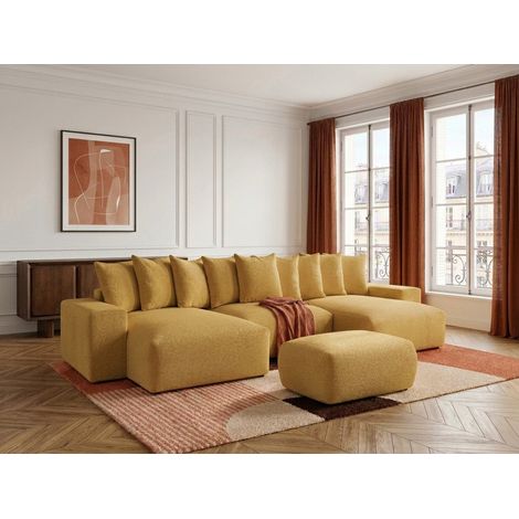 BOBOCHIC - Canapé panoramique convertible coffre VOLTAIRE tissu chiné avec pouf Jaune (1/5)