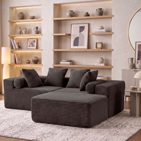 Section transversale modulaire avec fauteuil lounge en forme de L, canapé nuage, canapé moelleux pour salon ou chambre - aucune installation requise - tissu chenille (noir) (1/5)
