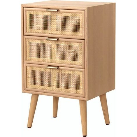 Calicosy – Table de chevet 3 tiroirs en MDF et façade en cannage rotin – Poignées en acier or – Coulisses métalliques pour fonctionnement fluide (1/5)