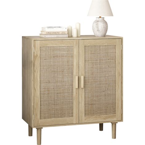 Buffet 2 portes en paille et MDF, 80 x 40 x 88 cm, meuble de rangement avec poignées bois, anti-basculement pour salon et entrée - CHICFURN (1/5)
