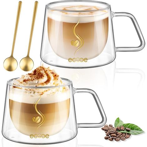 Tasse à Café Double Paroi Verre Thé avec Poignée et Cuillère Lot de 2, Tasses Latte Macchiato en pour Lait, Jus, Cadeau D'anniversaire un Ami Parent (1/5)