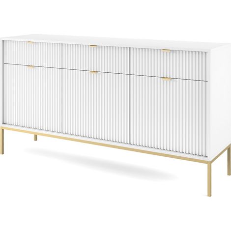 Selsey VELLORE - Kommode 3-türig mit 3 Schubladen, Weiß mit geriffelten Fronten mit goldenen Metallbeinen, 154 cm (1/5)