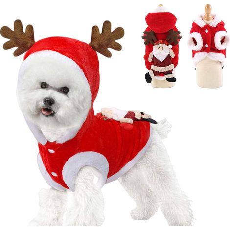 Costume Noel Chien Chat - Cape Et Bonnet De Pere Noel En Molleton - Pour Fêtes Animales - Taille S À M (1/5)