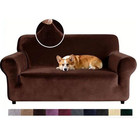 (Housse de canapé en velours couleur café, deux places (145-185cm)), élastique épais, convient au salon, doux et extensible. (1/5)