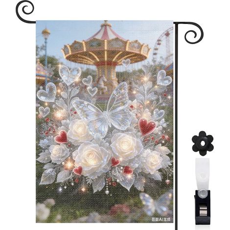 Drapeau de jardin bienvenue 30 x 45 cm motif papillon et fleurs style campagne toile double face (1/5)