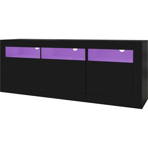 Meuble TV laqué noir avec éclairage LED, 160x35x60 cm, 3 niches ouvertes, 2 portes, 2 tiroirs avec système push-to-open, compatible jusqu'à 70 pouces (1/5)