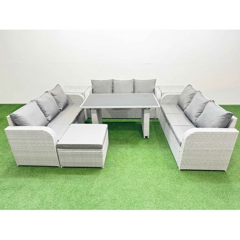 Fimous Patio Garden Furniture Sets with Black Glass Top Dining Table 3 Seater Sofa 2 Side Tables Big Stool Light Grey (1/4)