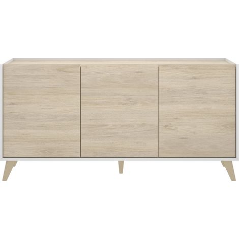 Abitare – Buffet 155 cm blanc mat et chêne naturel – 3 portes avec étagères internes – Design nordique pour rangement élégant (1/5)