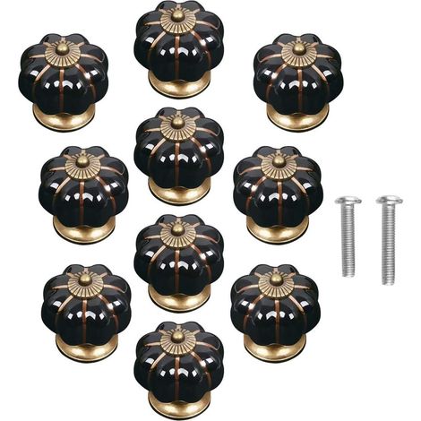 10pcs Vintage Pumpkin Shape Ceramic Door Knobs for Cabinet Drawer Wardrobe Home Decoration - Black (1/5)