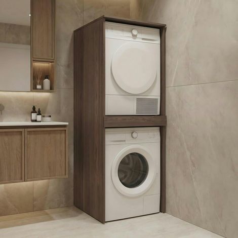 Meuble machine à laver et sèche-linge décor bois foncé NIX (1/4)