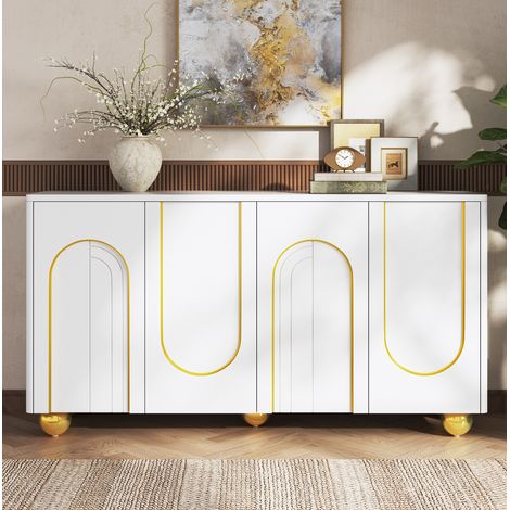Buffet 4 portes avec décor ligne arquée dorée, 140 x 40 x 74 cm, blanc DESVIAE (1/5)