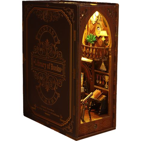 Serre-livres miniature à monter soi-même avec lumière LED, puzzle 3D, développe la patience, objet décoratif en bois pour étagère.