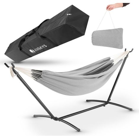 Juskys Hängematte Paya mit Gestell - Outdoor Doppelhängematte für 2 Personen - Ständer bis 200kg belastbar - Indoor doppel Hängeliege - Hellgrau (1/5)