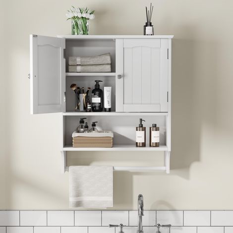 Armoire murale de salle de bain, avec étagères réglables, 2 portes et étagères ouvertes, porte-serviettes, 56 x 19 x 70 cm, Blanc (1/5)