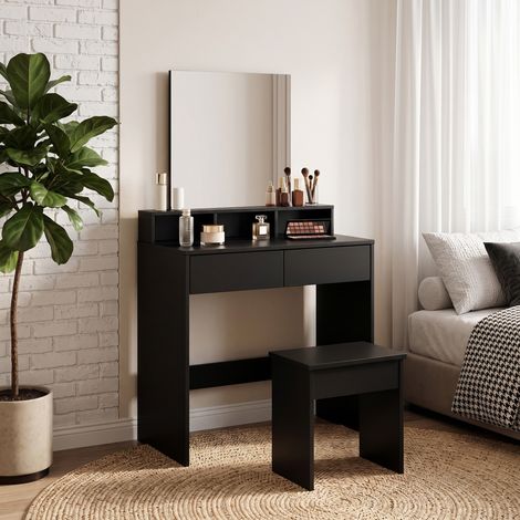 Coiffeuse avec miroir, 3 étagères, 2 tiroirs et tabouret, en bois, 75 x 38 x 135 cm, noire (1/5)