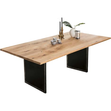 Table de salle à manger industrielle en chêne sauvage huilé et métal 180 x 100 cm - PANGIVO (1/4)