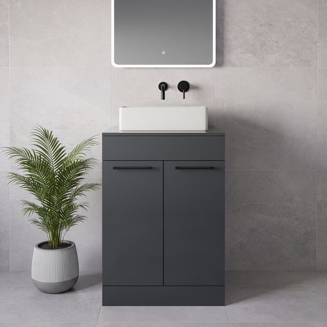 Napoli 460 Gloss Grey 600mm 2 Door Vanity Unit for Countertop Basins - 600mm - Matt Black 160mm Handle
