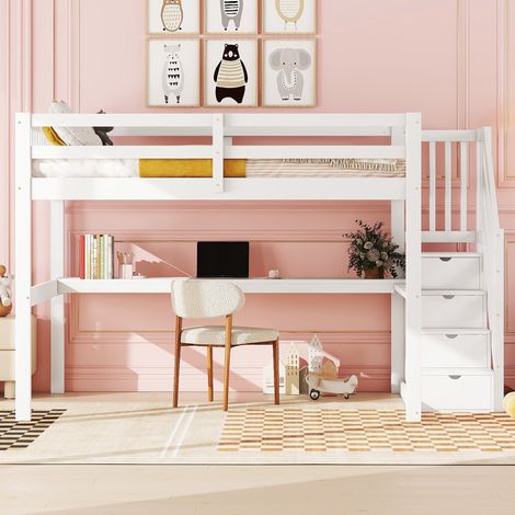 Cama alta de madera de pino y MDF blanca 140x200 cm con escritorio y espacio de almacenamiento