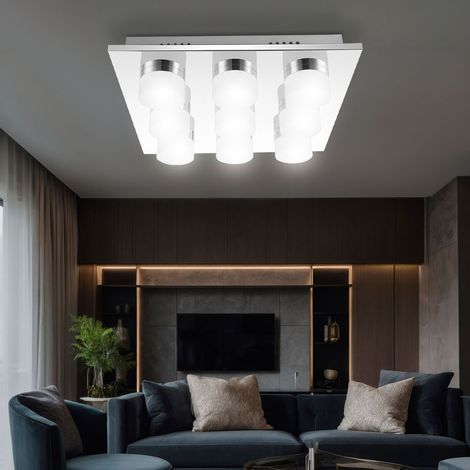 Plafonnier LED plafonnier chromé avec anneaux en satin, 9x 4W 370Lm blanc chaud, LxPxH 36x36x8 cm