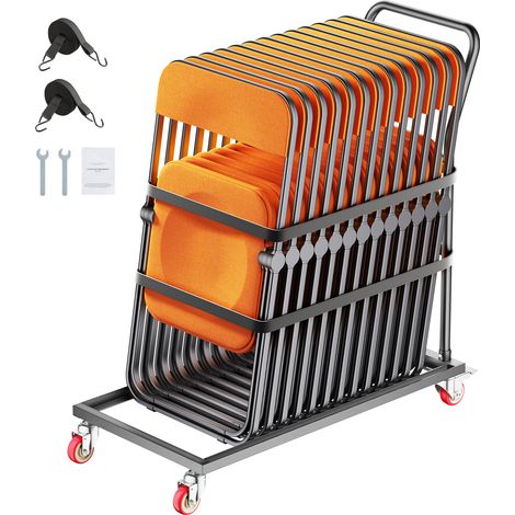 Mophorn Estante para sillas plegable, capacidad de 300 libras, carrito para sillas en forma de L para 25 sillas, plataforma de almacenamiento de metal resistente, ruedas de goma, soporte multiusos