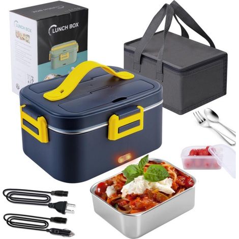 Boîte à lunch chauffante en acier inoxydable 304 12 V/24 V/220 V avec cuillère, fourchette et sac isotherme - Jaune (1/4)