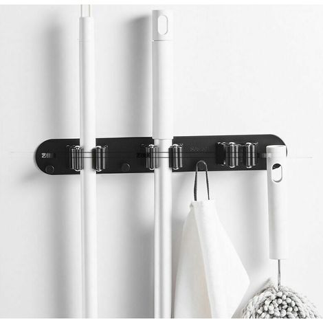 royaluxe -Porte-Balais Range Balai Mural avec 3 Emplacements et 4 Crochets (Vis inclus) Rangement Balai pour Cuisine Salle de bain Garage Jardin Crochet pour Balai Support Balai (Noir) Crochets de ran (1/3)