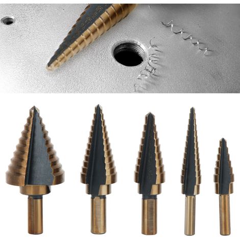 Lot de 5 forets coniques étagés en acier rapide pour métaux, avec coffret. (1/5)
