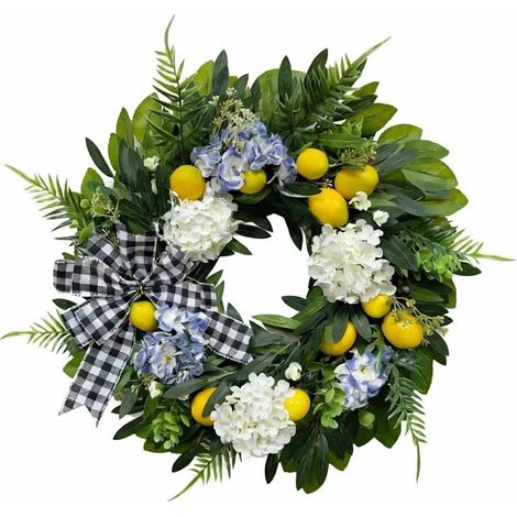Couronne Artificielle Citron Réaliste pour Décoration Murale Extérieure, Guirlande Florale Verte 45cm, Ornement d'Été pour Jardin et Entrée(45cm) (1/5)
