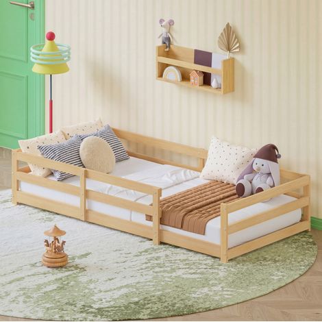 Lit Montessori 90x200 cm naturel avec barrière de sécurité, en bois de pin, sans matelas MEUBLIV (1/5)