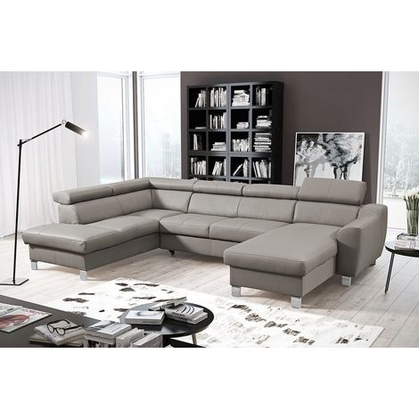 Canapé d'angle convertible en cuir italien de luxe 7/8 places ASTON, gris clair, angle gauche (1/5)
