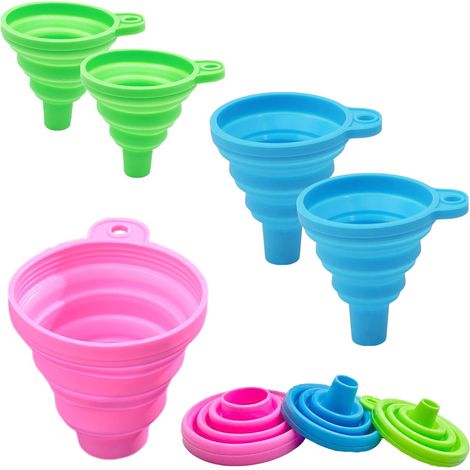 5 Pièces Entonnoirs en Silicone Pliables - Cuisine Flexible Télescopique Entonnoirs Coloré pour Transférer des Liquides, Poudres et Épices (Bleu2 + Vert2 + Rose1) (1/5)