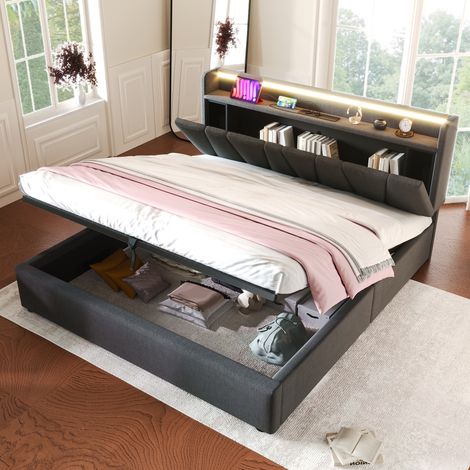 Cama doble tapizada con almacenaje LED y USB gris OKMYHOME (1/5)