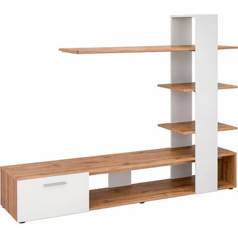 Parete Attrezzata Soggiorno Mobile Tv Colonna Ripiani Mensola Design Moderno Living Arredo Casa Contemporaneo Contenitore Vani Giorno Salvaspazio Multiuso Resistente 190x152x35 Cm Rovere E Bianco (1/5)