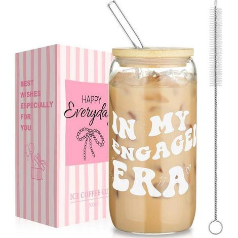 Trinkglas mit Deckel & Strohhalm 500ml "In My Engaged Era" Geschenk für Verlobte