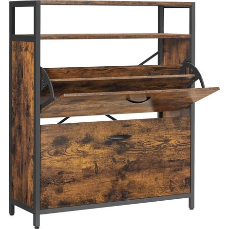 Vasagle – Meuble à chaussures 2 abattants – Rangement pour 10-16 paires – Compartiments ouverts – Dimensions 80 x 30 x 95 cm – Marron rustique et noir