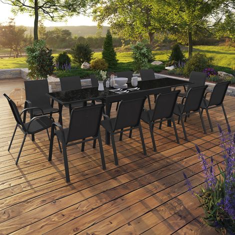 Conjunto de muebles de jardín MADRID mesa extensible 135-270 cm y 12 sillas apilables negro