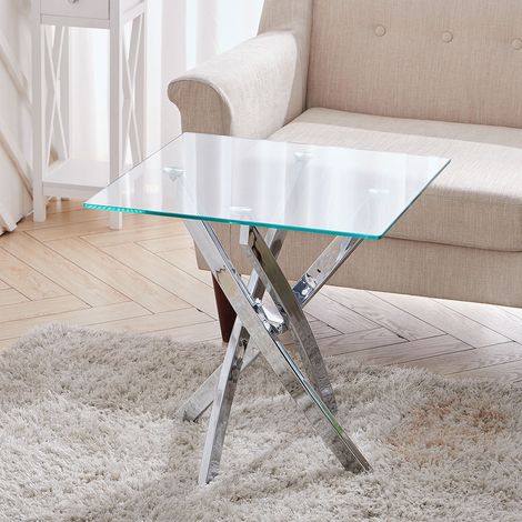 Square Tempered Glass Top Side Table with Chrome Legs (1/5)