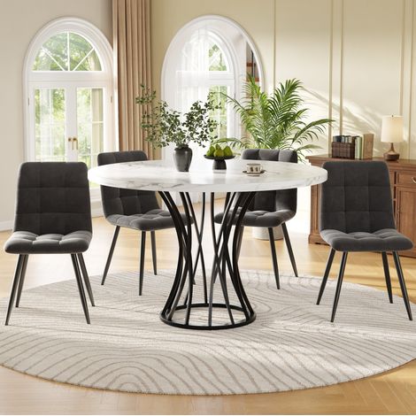 Conjunto de mesa y 4 sillas, redonda 80 cm, blanco mármol, gris DESVIAE (1/5)