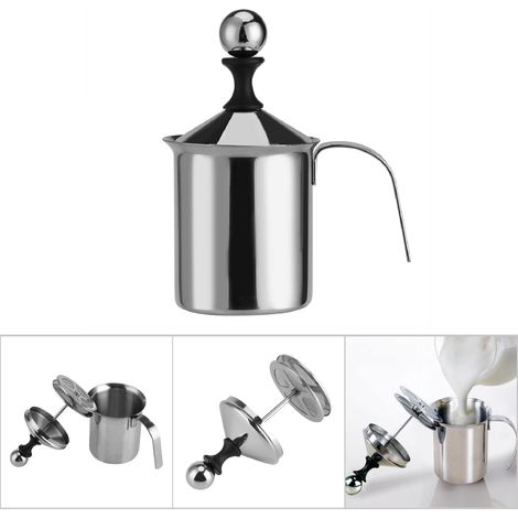 Mousseur à lait manuel en acier inoxydable 400 ml/800 ml, double maille, pour café et crème, avec fouet intégré (1/5)