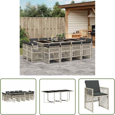 The Living Store Ensemble à manger de jardin et coussins 13 pcs gris clair rotin - Salon De Jardin - Meuble De Jardin - Set De Salon De Jardin - Table De Jardin - Chaises De Jardin (1/5)