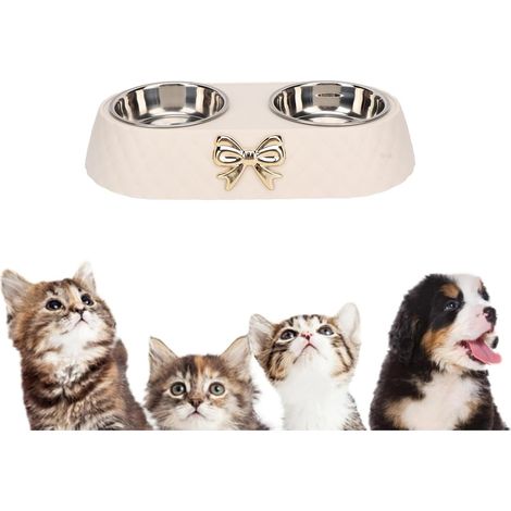 Double Dog Bowls, Cat Water Bowls with PP Material Base to Prevent Puppies, Small and Medium Dogs, 2 Stainless Steel Dog Bowls with Stand (Beige) (1/5)