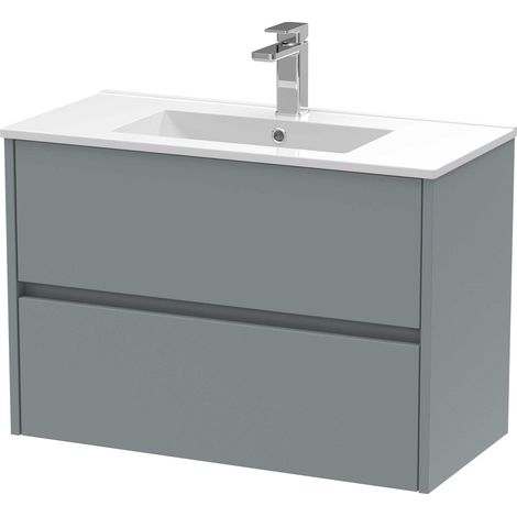 Nuie Havana Matt Coastal Grey 800mm Wall Hung 2 Drawer Vanity Unit and Minimalist Ceramic Basin - HAV2306B (1/4)