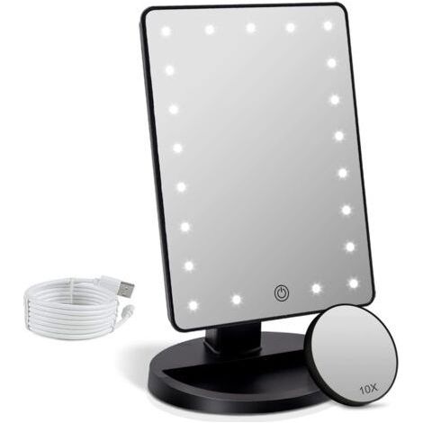 Makeup Mirror with 1X/10X Magnifying LED Light, Lighted Tabletop Makeup Mirror, 180° Rotation, Adjustable Brightness, Portable Vanity Mirror (Black) (1/5)