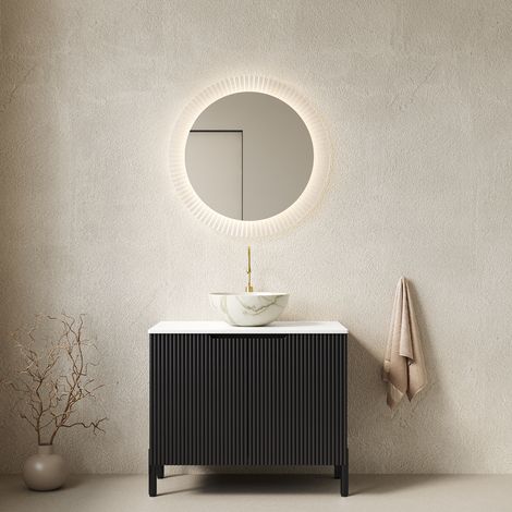 Montage facile : Meuble salle de bain 76 cm sur pied avec vasque à poser, plateau pierre frittée et rangement double porte noir (1/5)