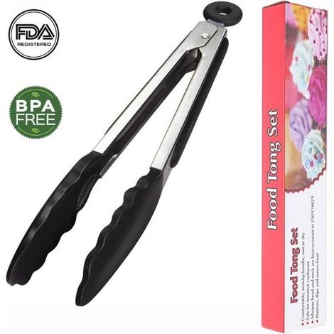 (noir-Noir+argent)Pince Cuisine,Sans BPA Pince Cuisine en Acier Inoxydable et Silicone Alimentaire,Pince de Cuisine Résistant à la Chaleur-27cm Noir (1/4)