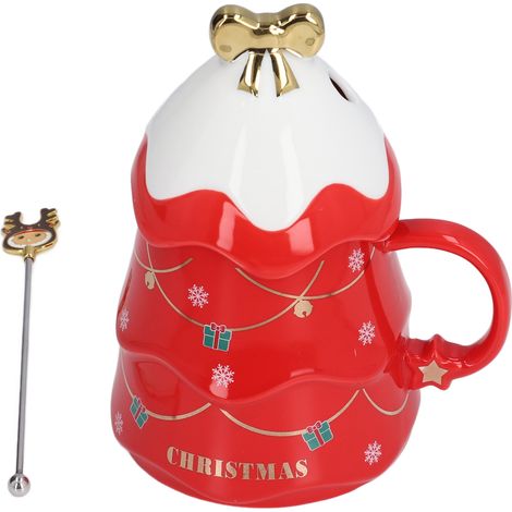 500 ml große Weihnachtstasse aus Keramik mit Deckel und Löffel, ideal als Geschenk für Zuhause und die Feiertage (rot). (1/5)