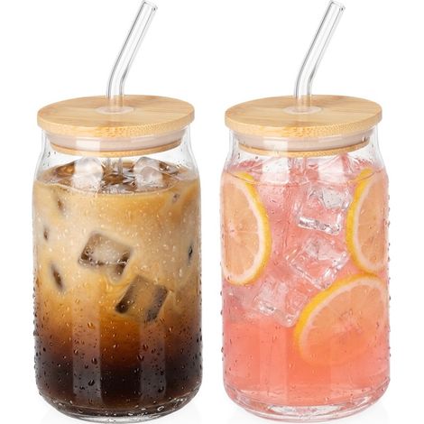 Bicchieri in vetro con coperchio e cannuccia, 460 ml, 2 pezzi. (1/5)