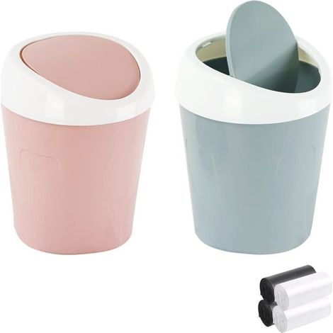 2PCS Petite Poubelle Mini Bureau Poubelle, QLFJ-FurDec Mini Poubelle en Plastique de Table avec Couvercle Pivotant et 4 Rouleaux de sacs Poubelles pour Bureau, Bain, Cuisine(Bleu, Rose) (1/4)