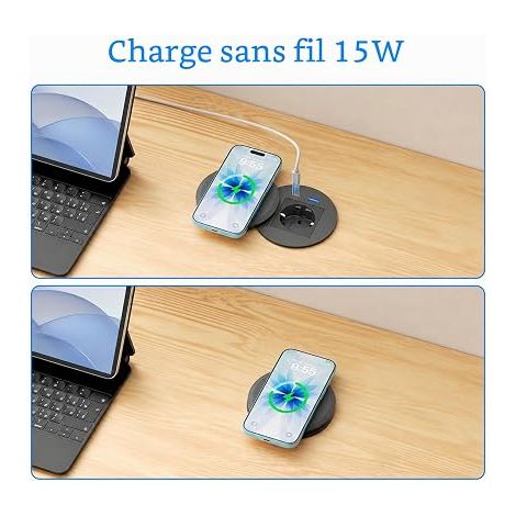 Prise encastrable Plan de Travail avec Charge Qi15 W, USB-C PD 30W, Ø80 mm (1/4)